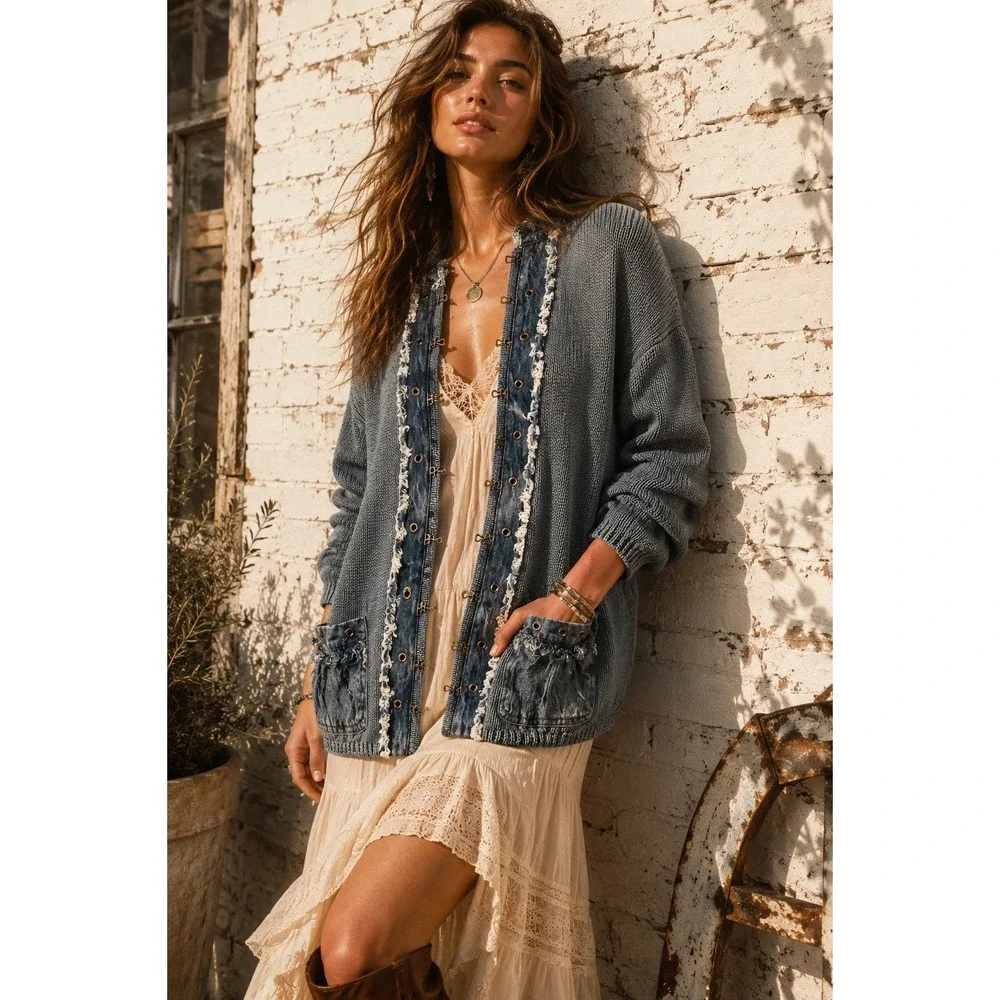 Vintage PBJ Blues Blue Cotton Ramie Denim Trim Cardigan Sweater Boho XL